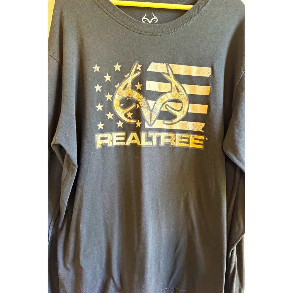 Realtree Men's XL Black Crew Neck Long Sleeve Graphic Logo T-Shirt Cotton Blend